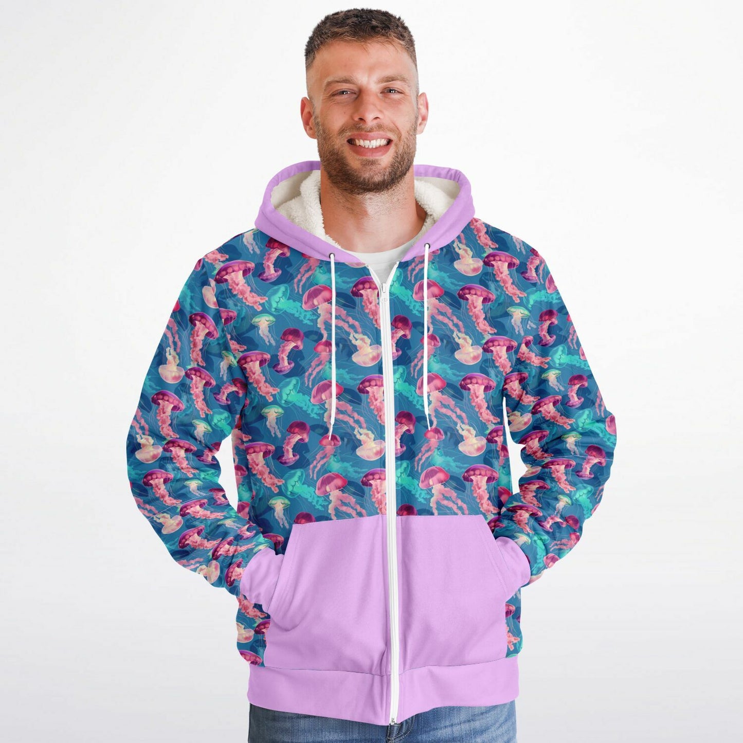 Microfleece Zip Human Hoodie - Pink Ocean