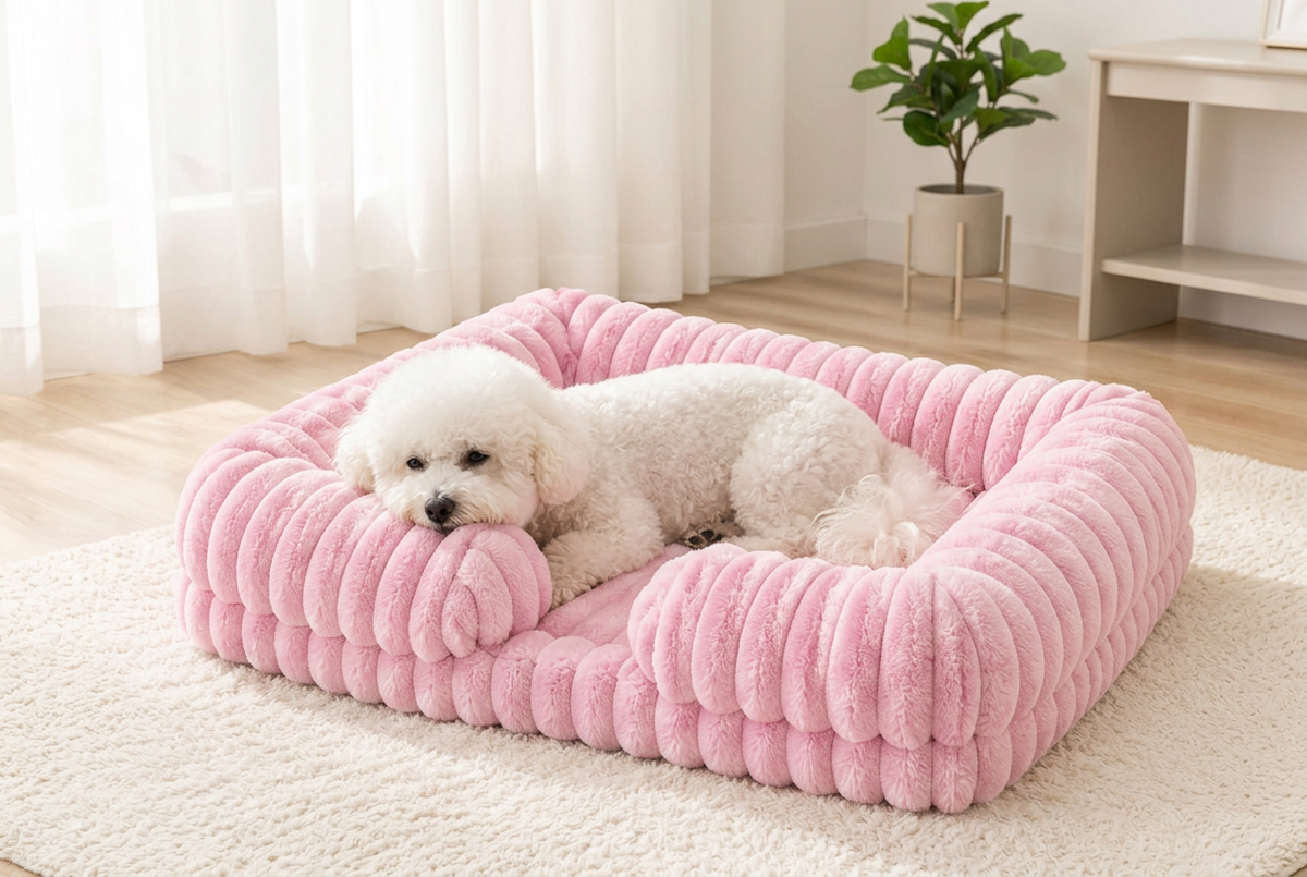 Small white dog resting in the pink Cozy Comfort Dog Bed in a bright living room.