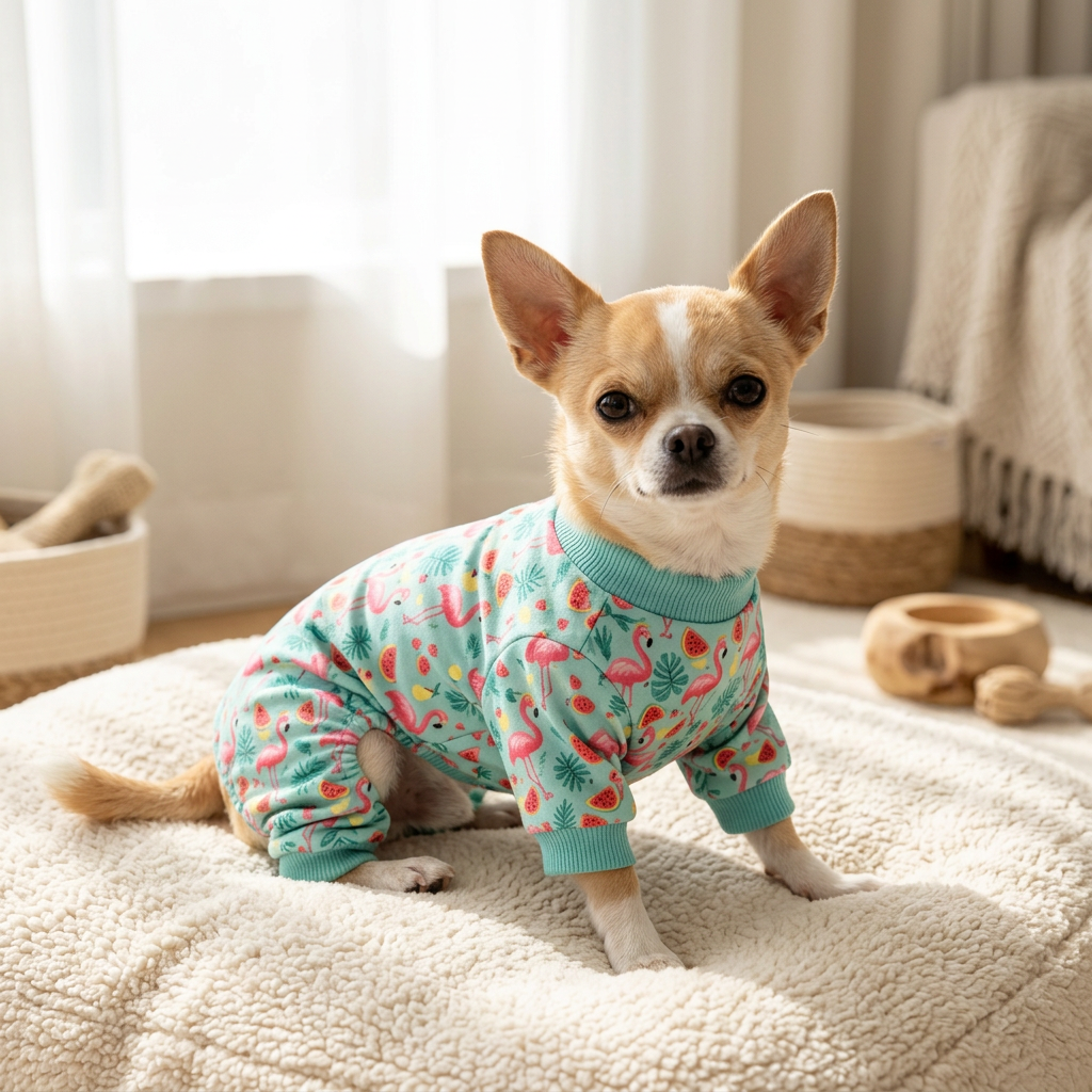 AI-generated Chihuahua modeling cyan flamingo pet pajamas