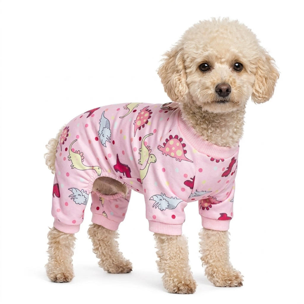 Toy poodle wearing pink dinosaur print dog pajamas