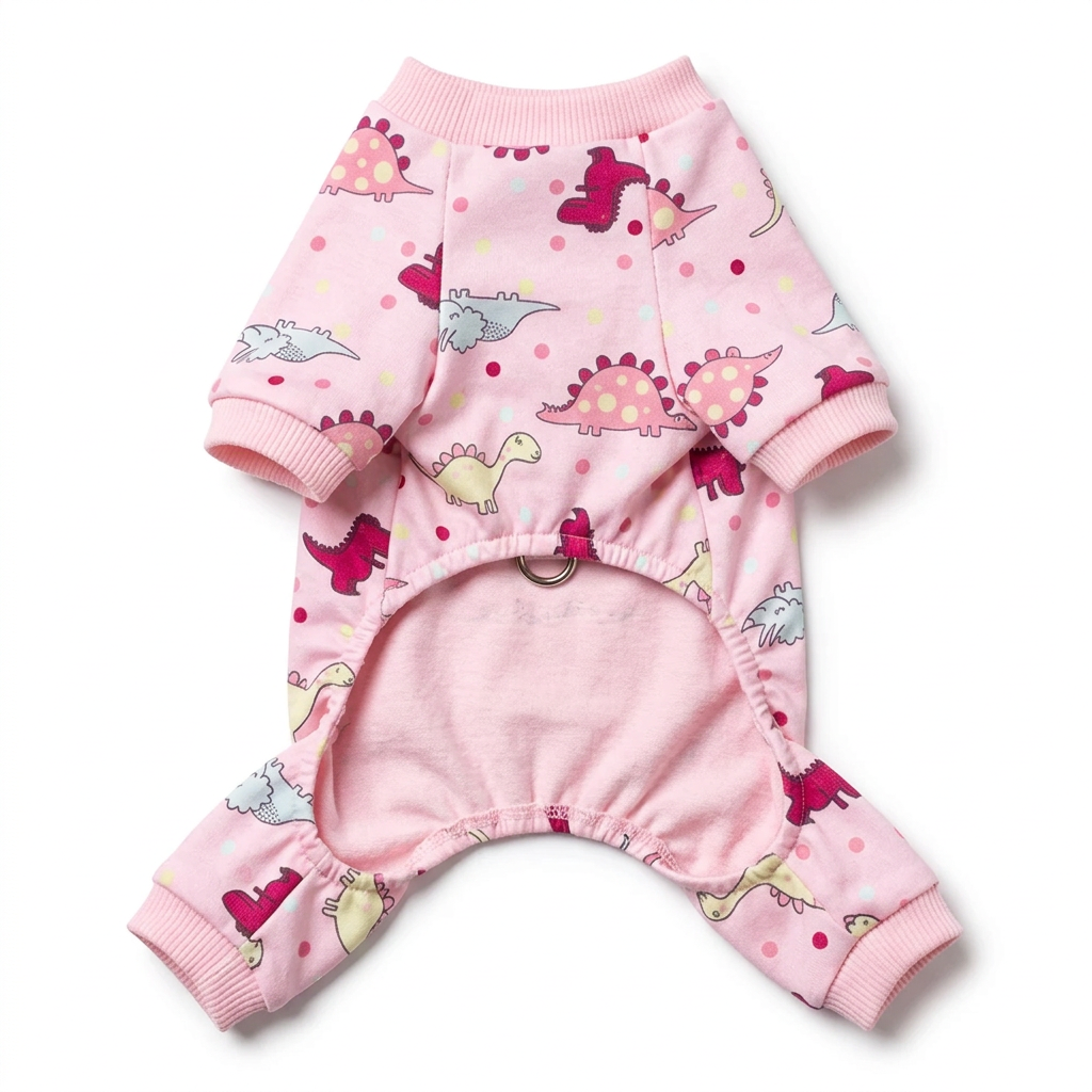 Pink dinosaur print dog pajamas, front view
