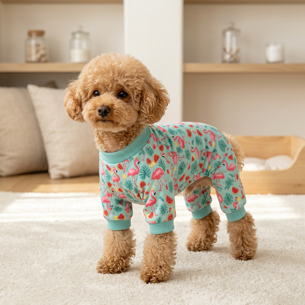 AI-generated apricot poodle modeling cyan flamingo pet pajamas