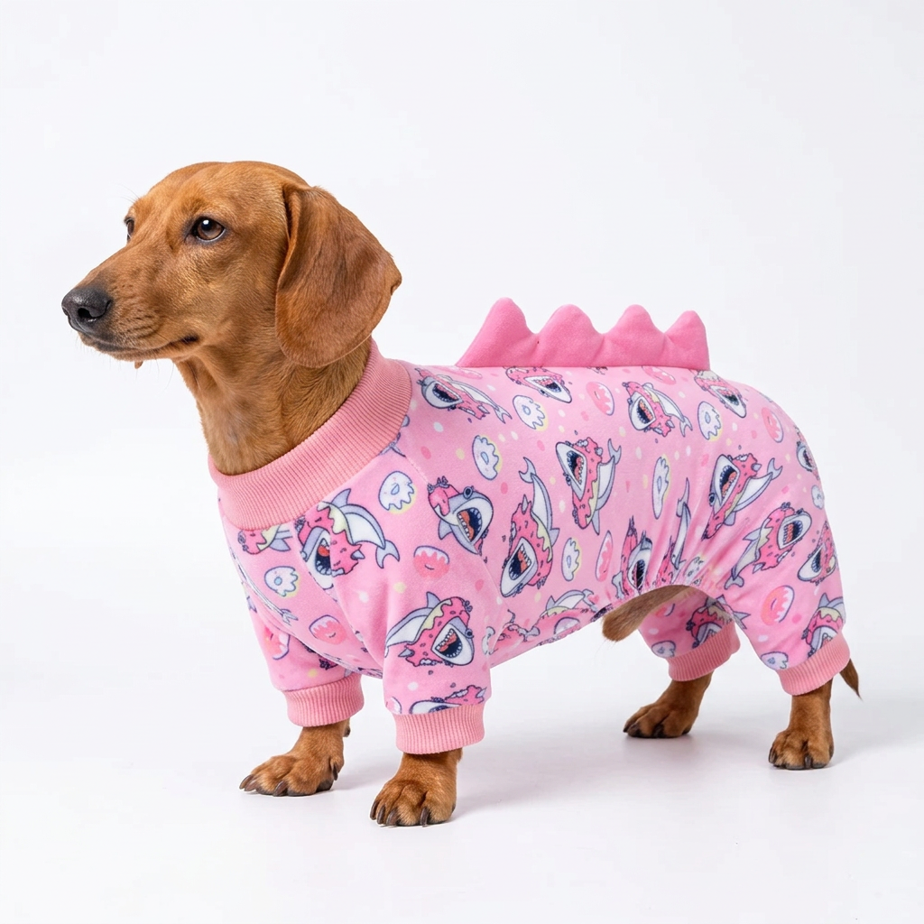 Dachshund wearing pink dinosaur spike dog pajamas