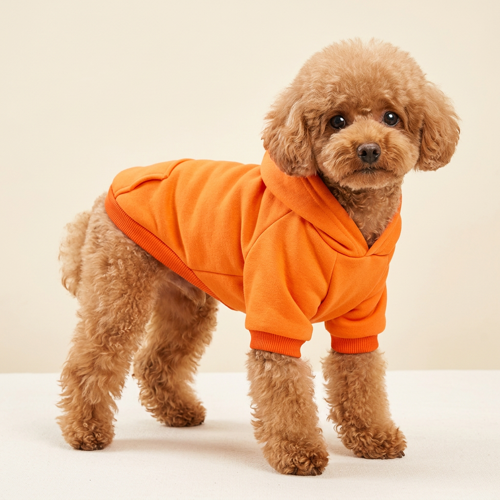 AI-generated poodle wearing orange hoodie