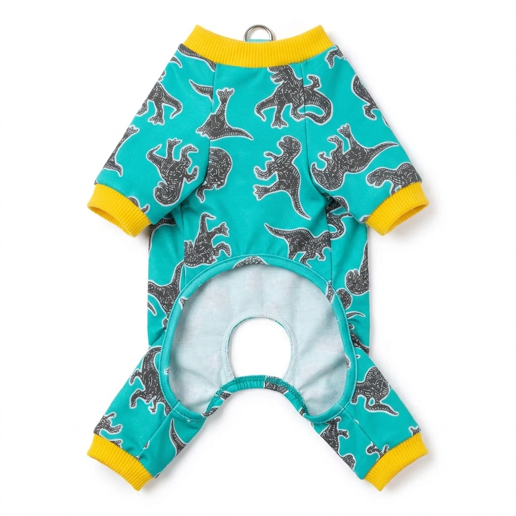 Green dinosaur print dog pajamas, front view