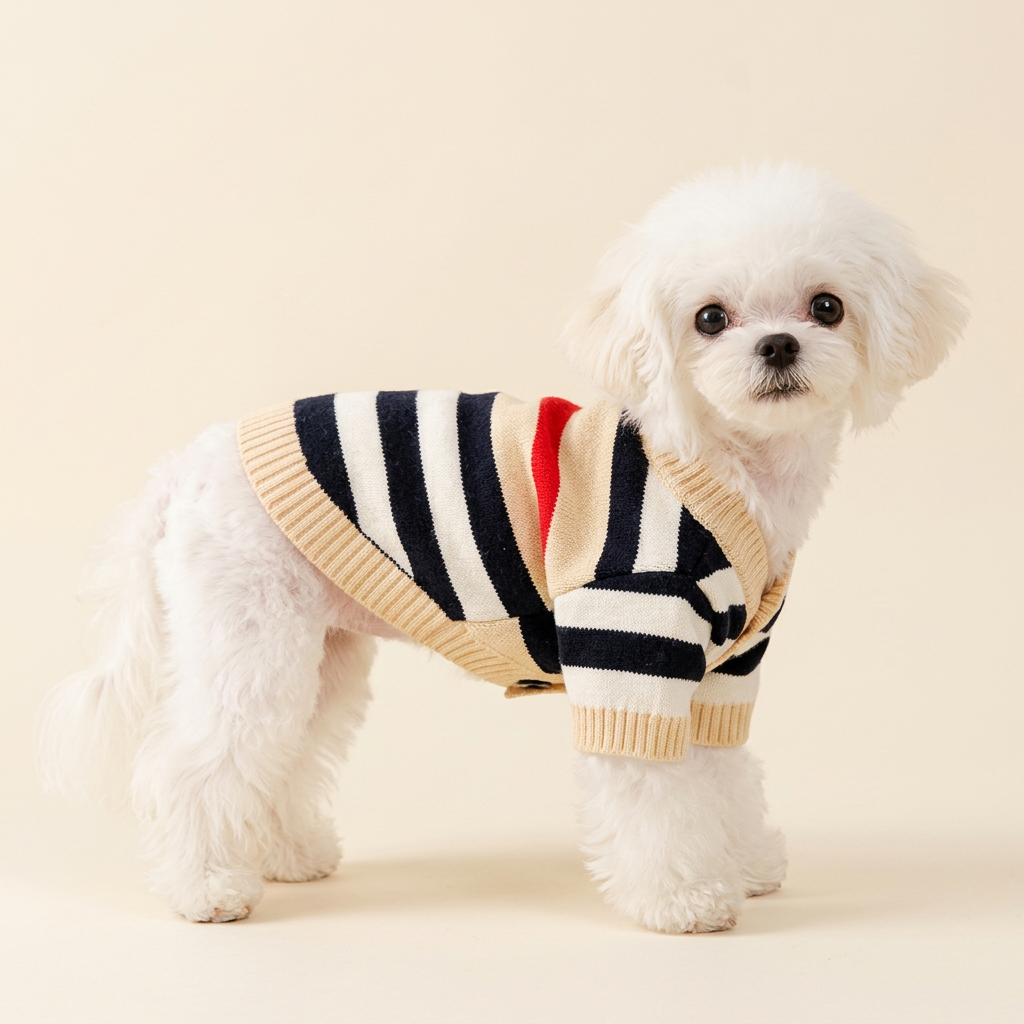 AI-generated Maltese wearing Beige striped cardigan