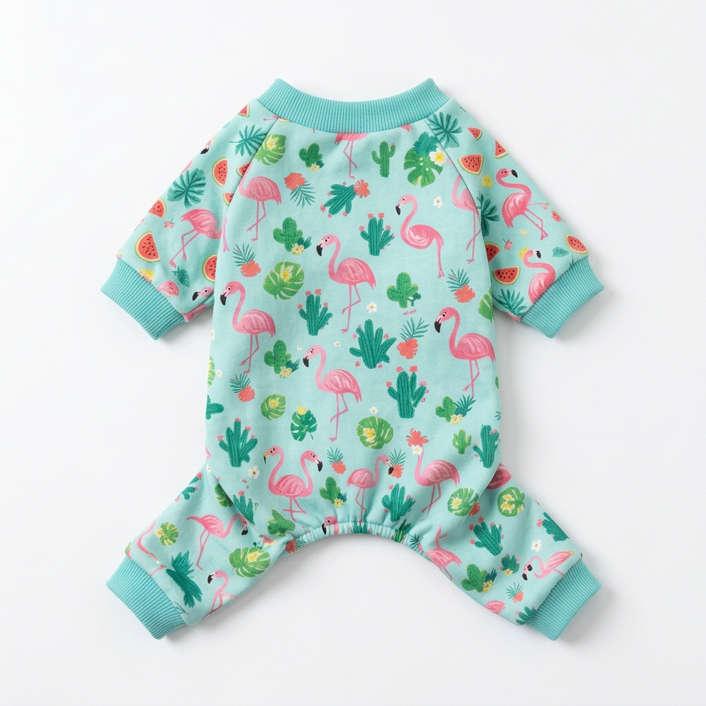 Cyan flamingo pet pajamas, AI-generated garment-only back view