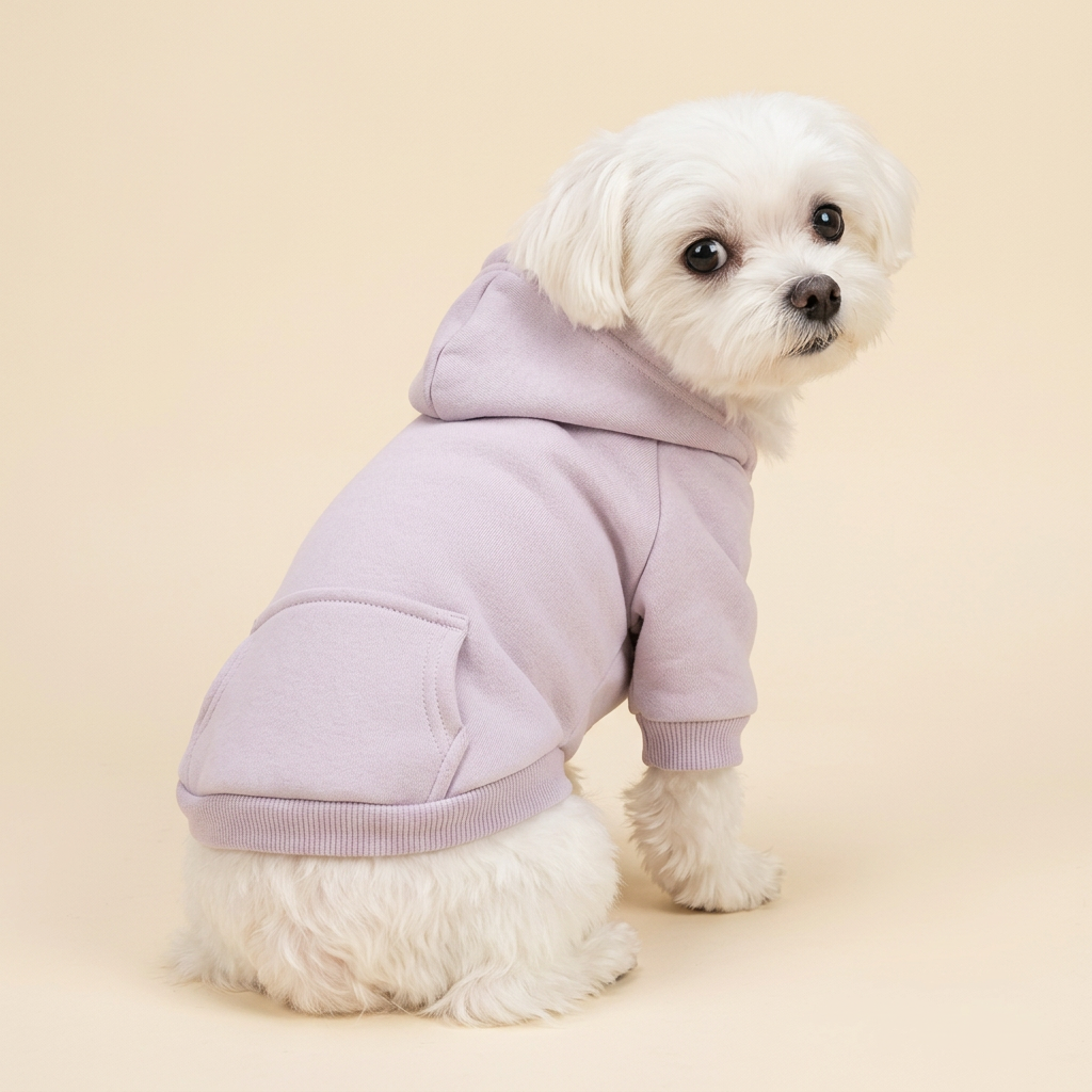 AI-generated Maltese wearing purple hoodie