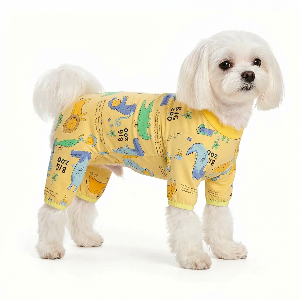 Maltese wearing yellow zoo-print pet pajamas