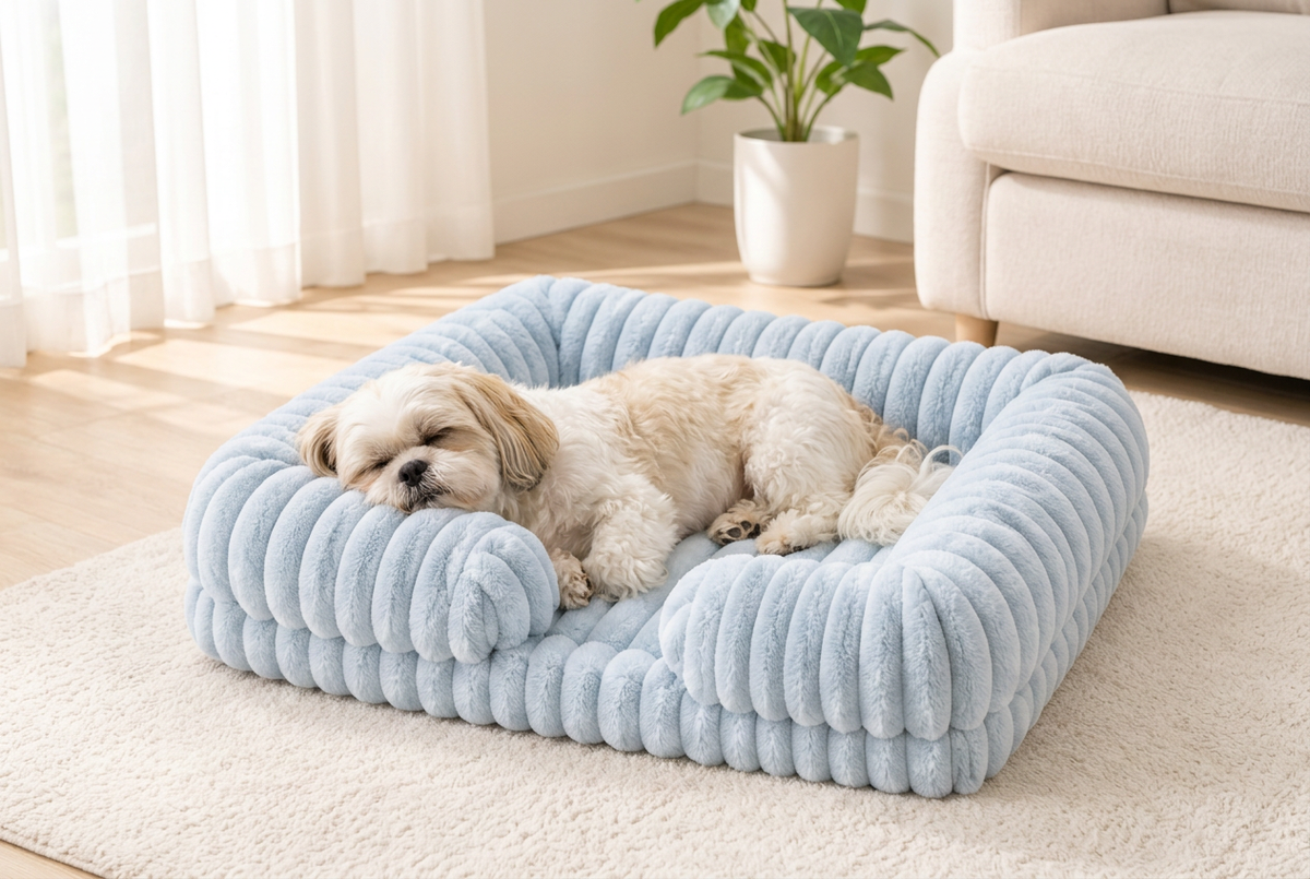 Small cream dog sleeping in the light blue Cozy Comfort Dog Bed on a rug in a bright living room.