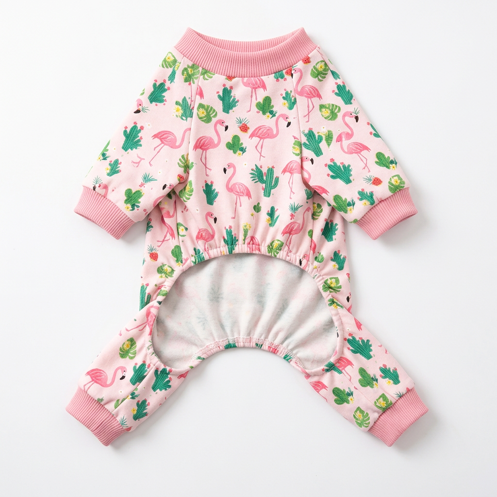 Pink flamingo pet pajamas, AI-generated garment-only underside view with belly opening