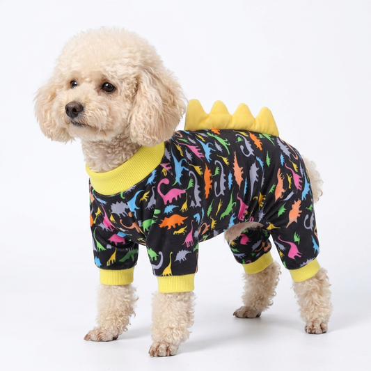 Toy poodle wearing black dinosaur spike dog pajamas