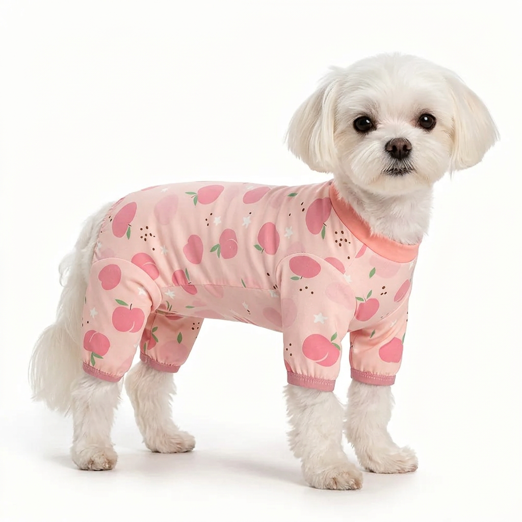 Maltese wearing pink peach-print pet pajamas