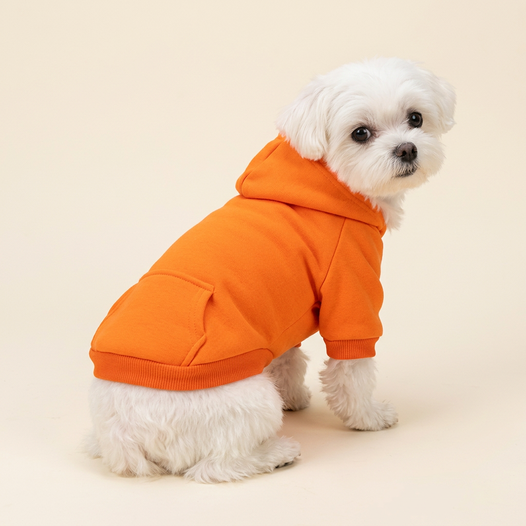 AI-generated Maltese wearing orange hoodie