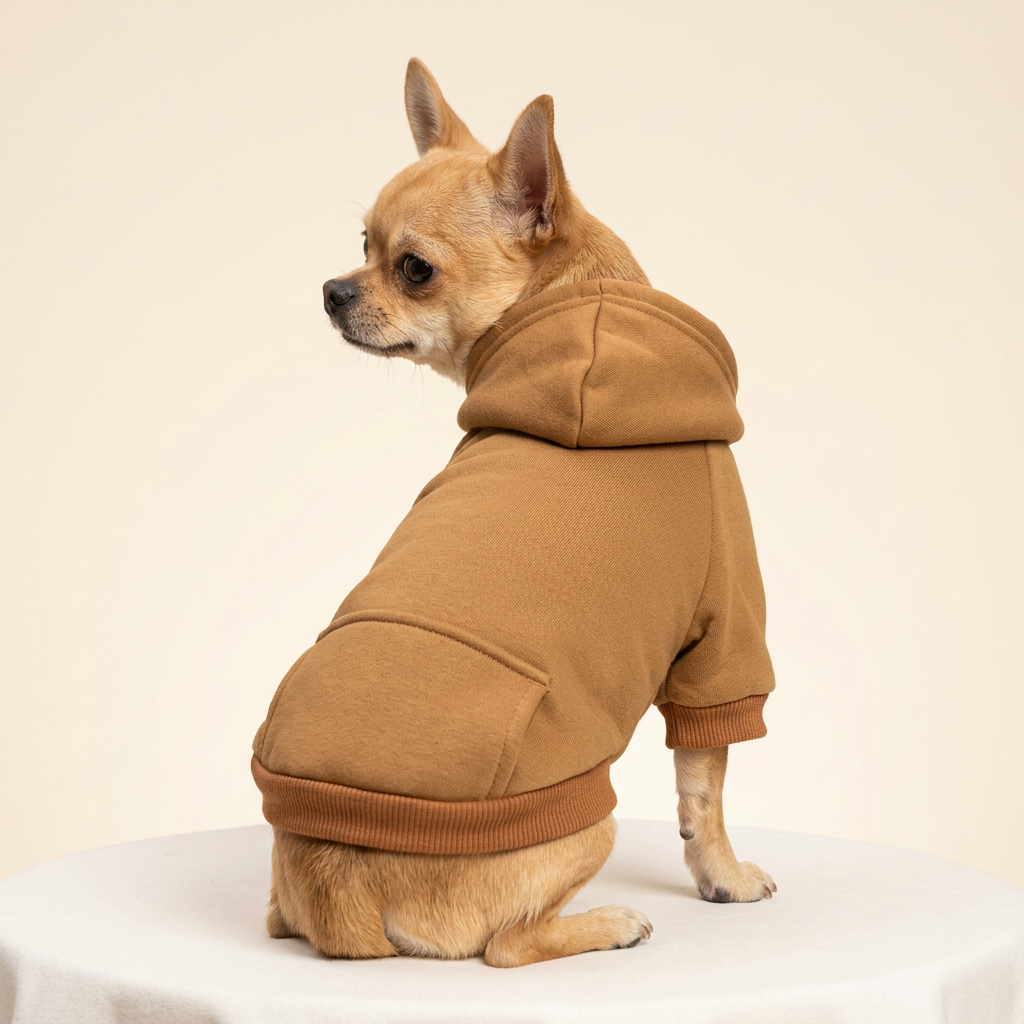 AI-generated Chihuahua wearing brown hoodie