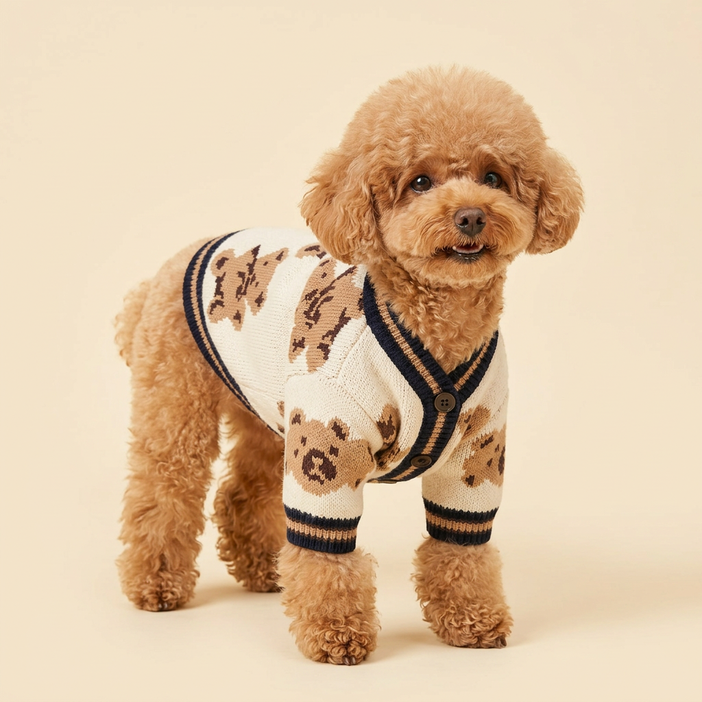 AI-generated toy poodle wearing Beige Brown Teddy Knit Cardigan
