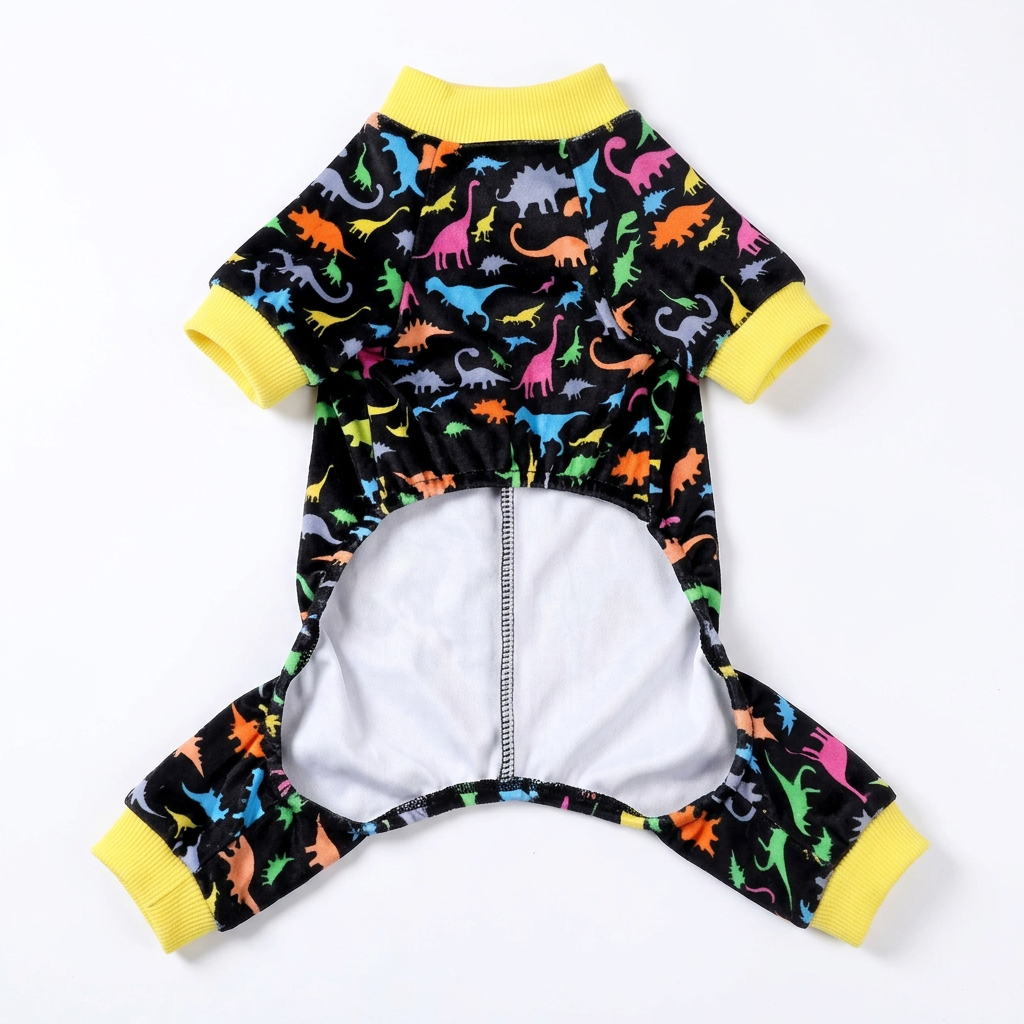 Black dinosaur spike dog pajamas, front view with wide belly opening