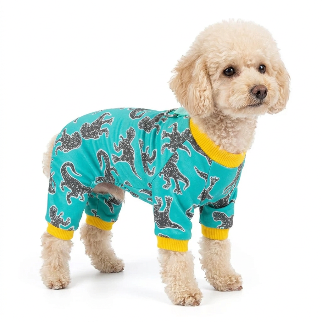 Toy poodle wearing green dinosaur print dog pajamas