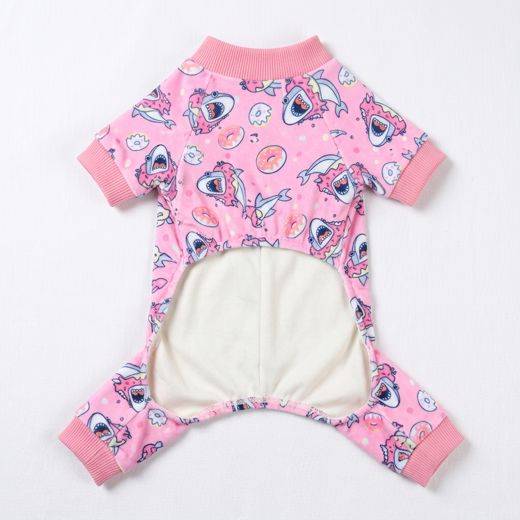Pink dinosaur spike dog pajamas, front view with wide belly opening