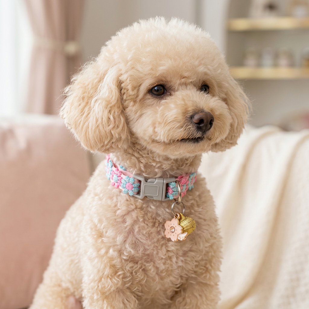 Poodle wearing the Blossom Flower Charm collar