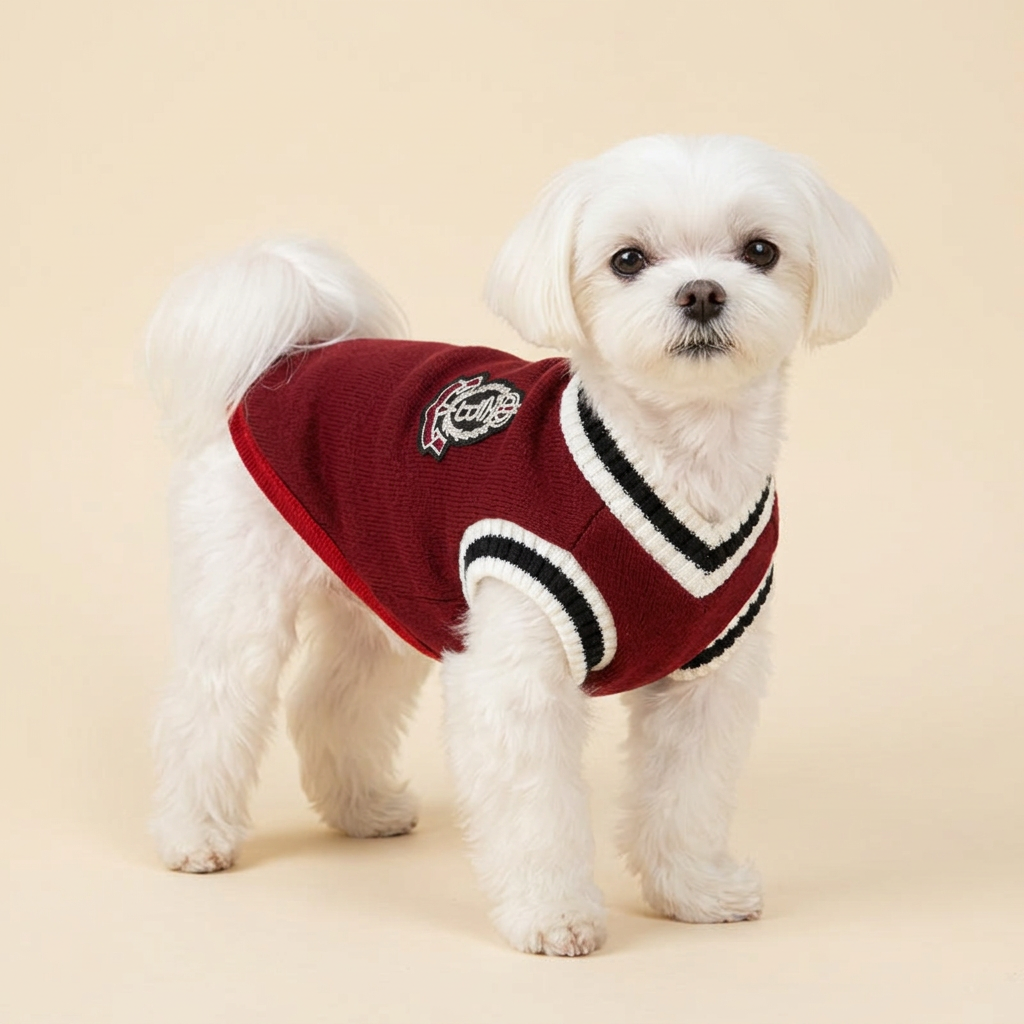 Maltese modeling the Red Preppy Pet Vest