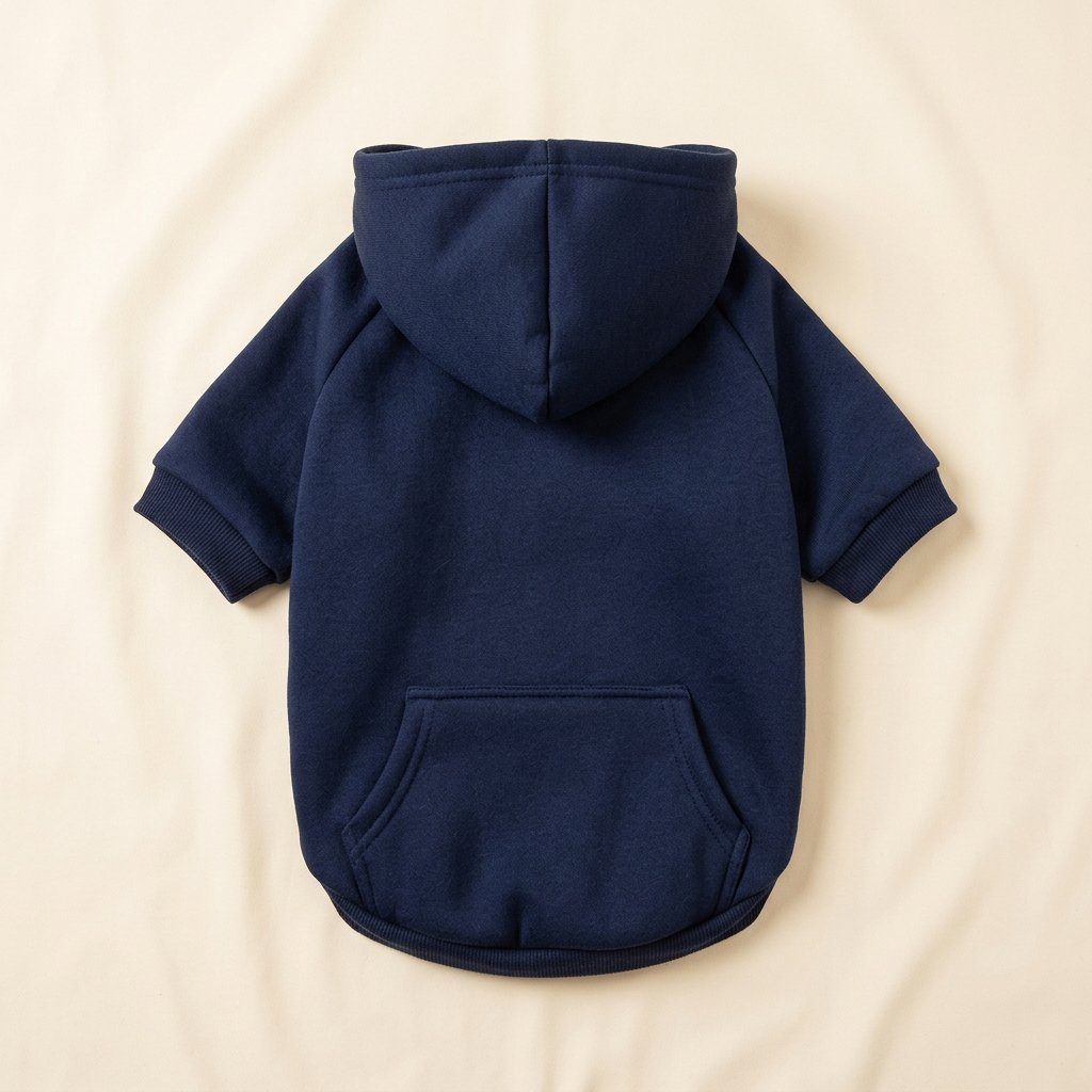 AI-generated navy blue dog hoodie back view