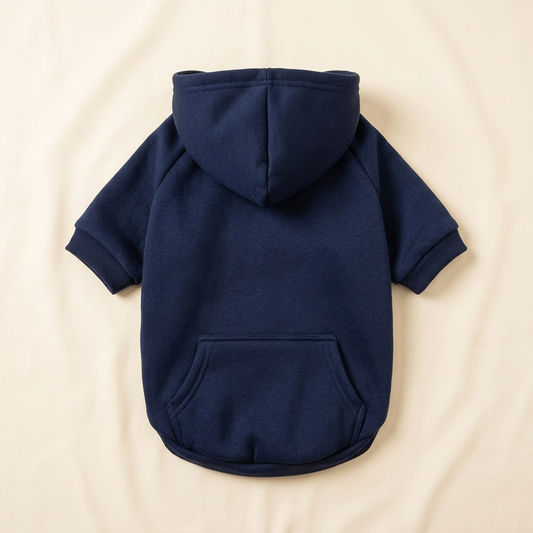 AI-generated navy blue dog hoodie back view
