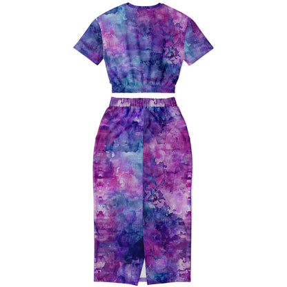 Custom Text Cropped Short Sleeve Sweatshirt and Long Pocket Skirt Set – AOP