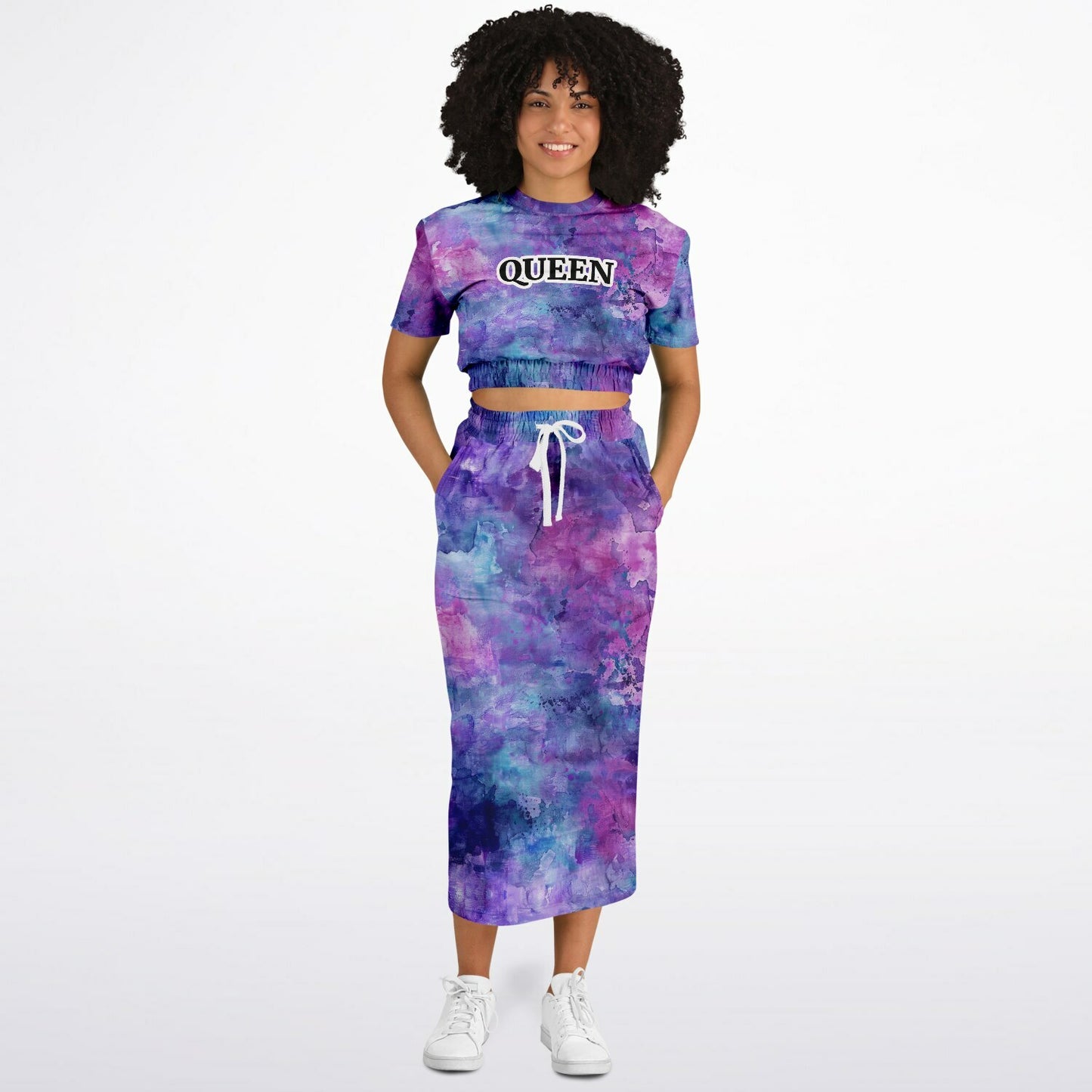 Custom Text Cropped Short Sleeve Sweatshirt and Long Pocket Skirt Set – AOP