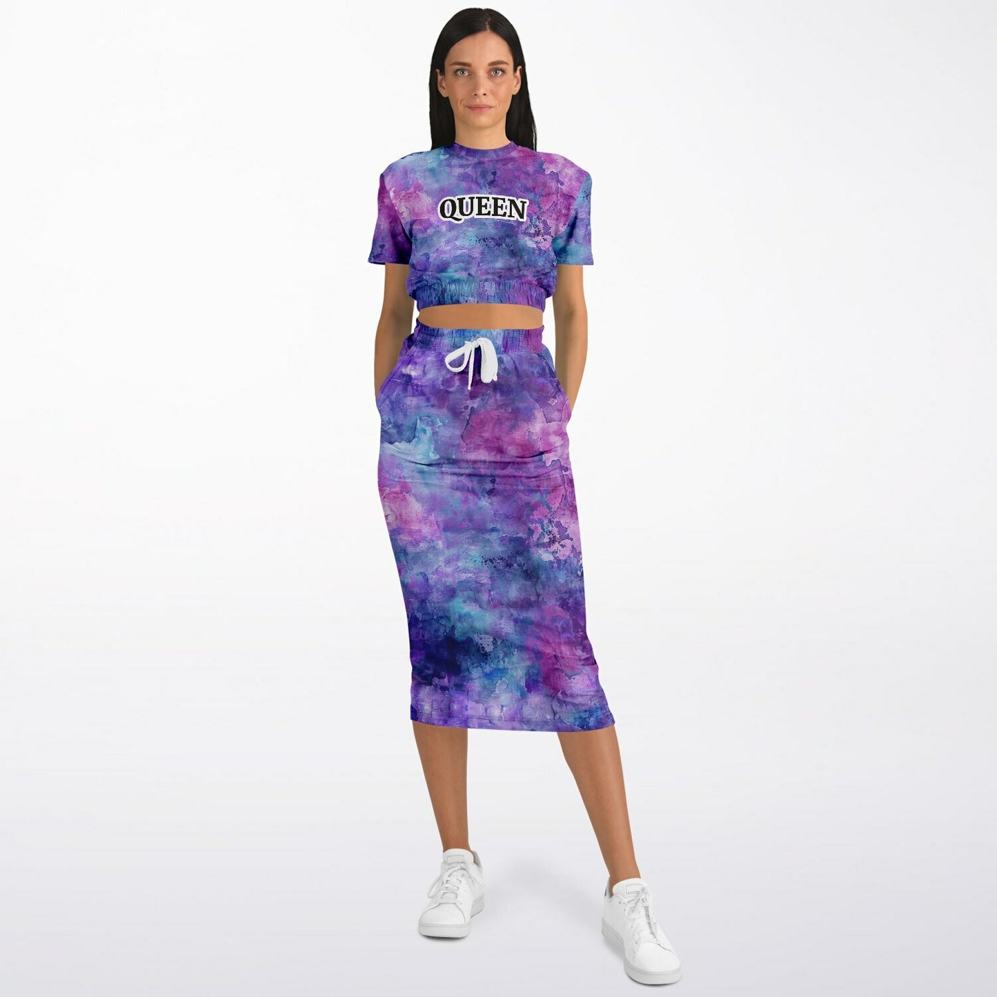 Custom Text Cropped Short Sleeve Sweatshirt and Long Pocket Skirt Set – AOP