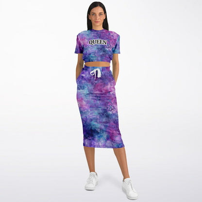 Custom Text Cropped Short Sleeve Sweatshirt and Long Pocket Skirt Set – AOP