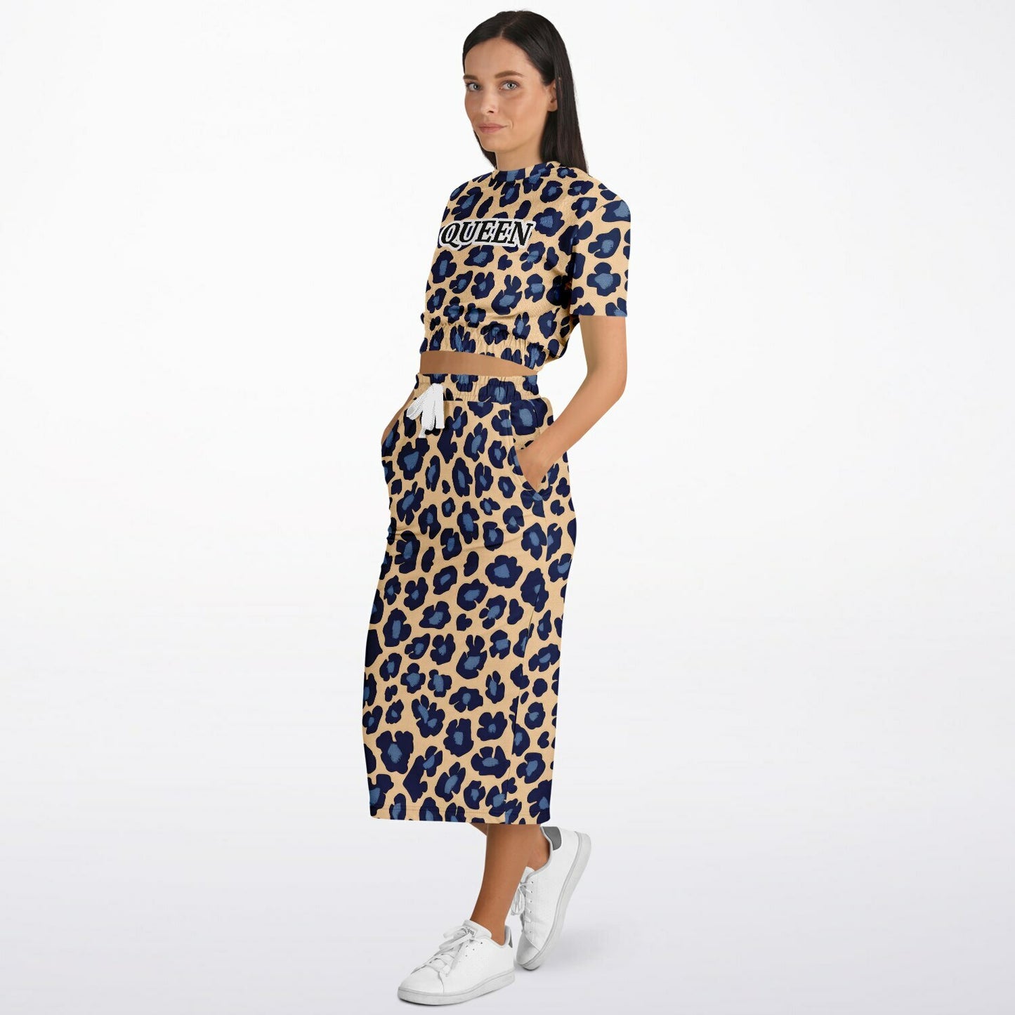 Fashion Cropped Short Sleeve Sweatshirt and Long Pocket Skirt Set – AOP