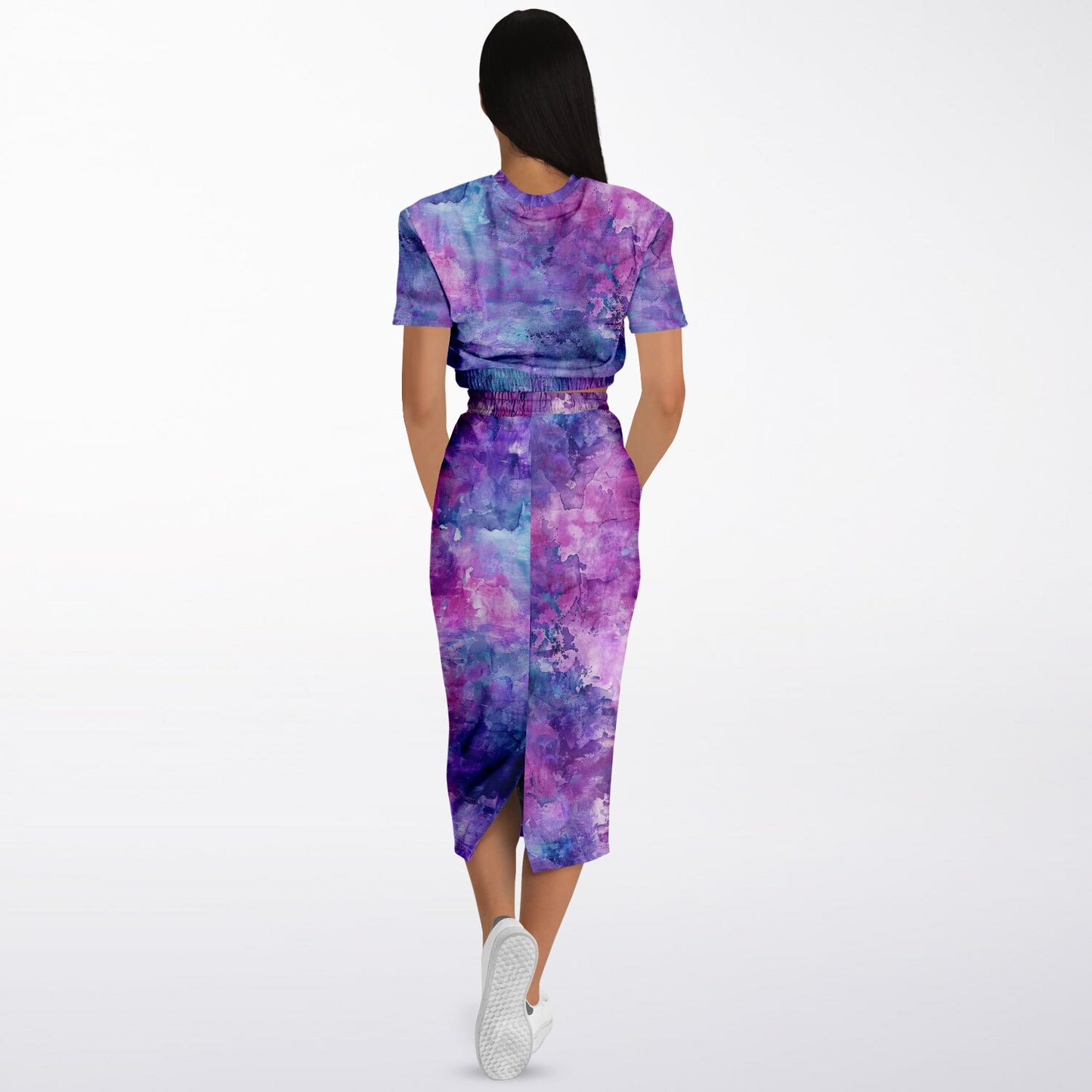 Custom Text Cropped Short Sleeve Sweatshirt and Long Pocket Skirt Set – AOP