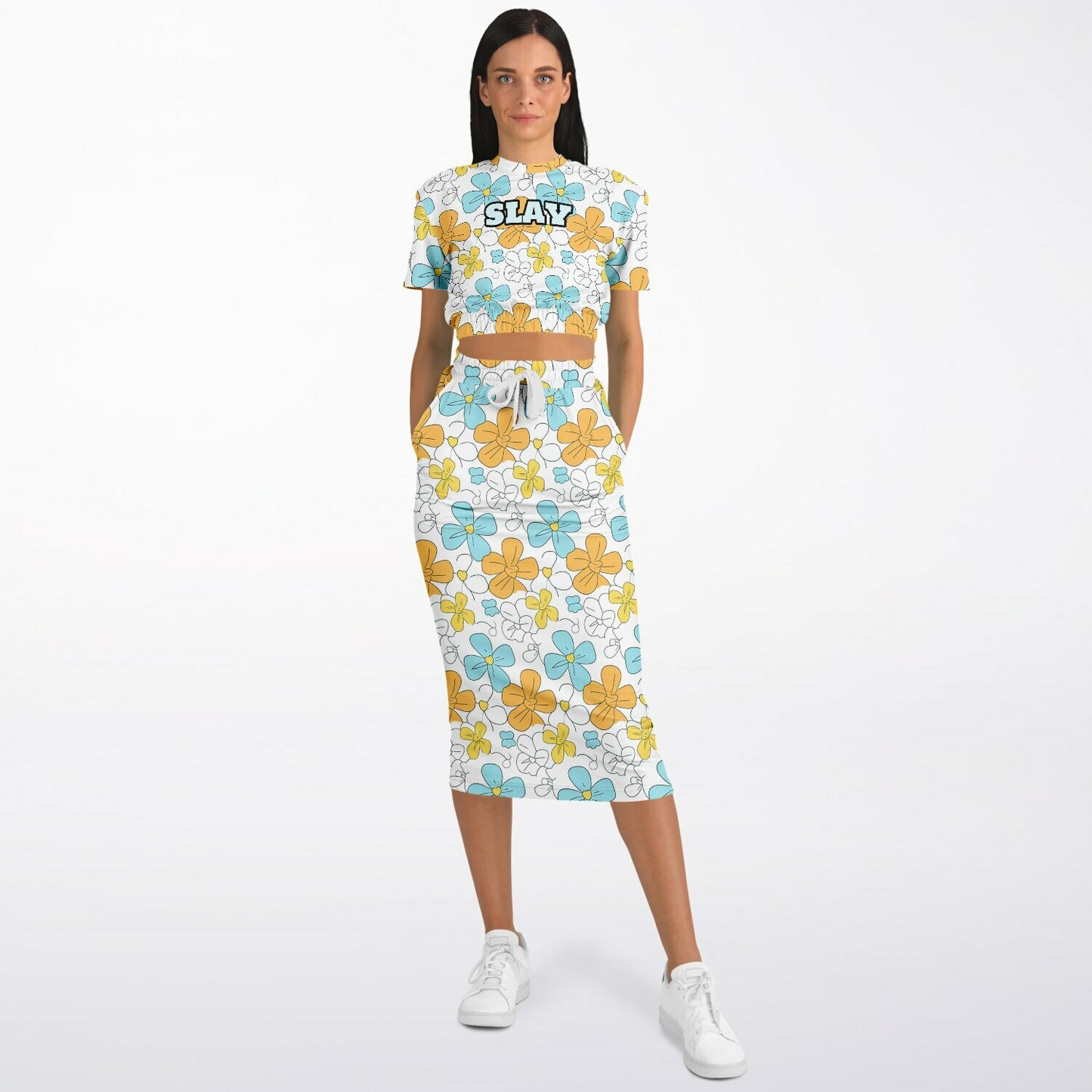 Custom Text Cropped Short Sleeve Sweatshirt and Long Pocket Skirt Set – AOP