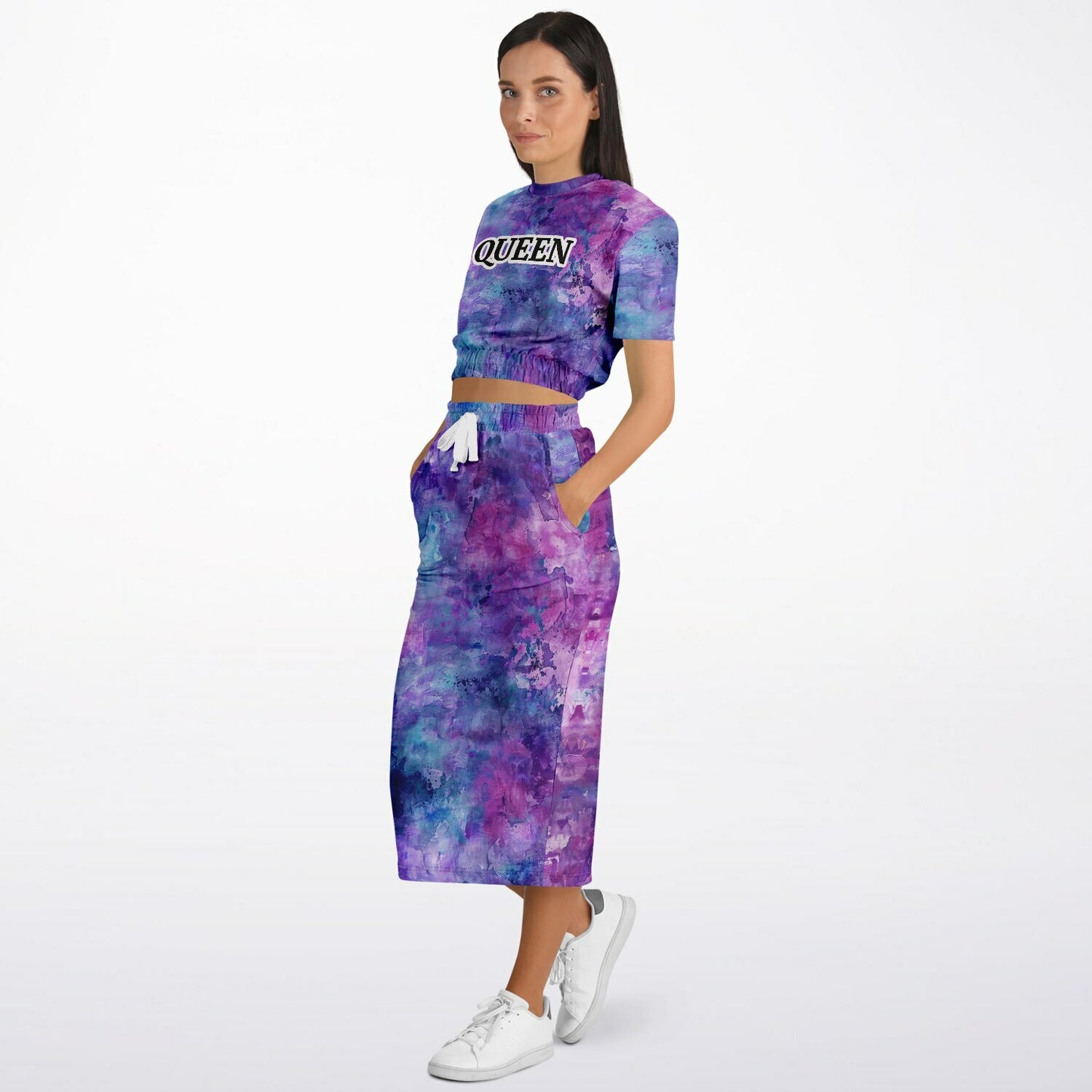 Custom Text Cropped Short Sleeve Sweatshirt and Long Pocket Skirt Set – AOP