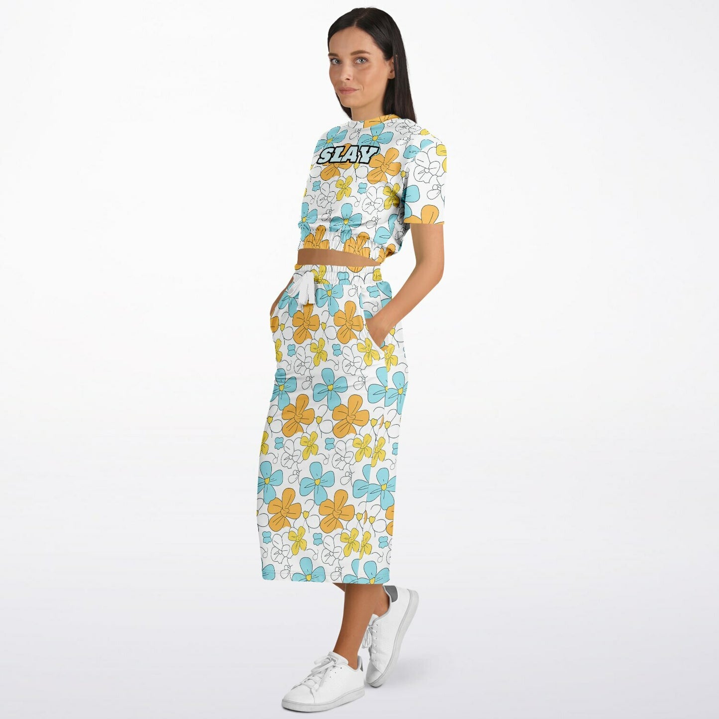 Custom Text Cropped Short Sleeve Sweatshirt and Long Pocket Skirt Set – AOP