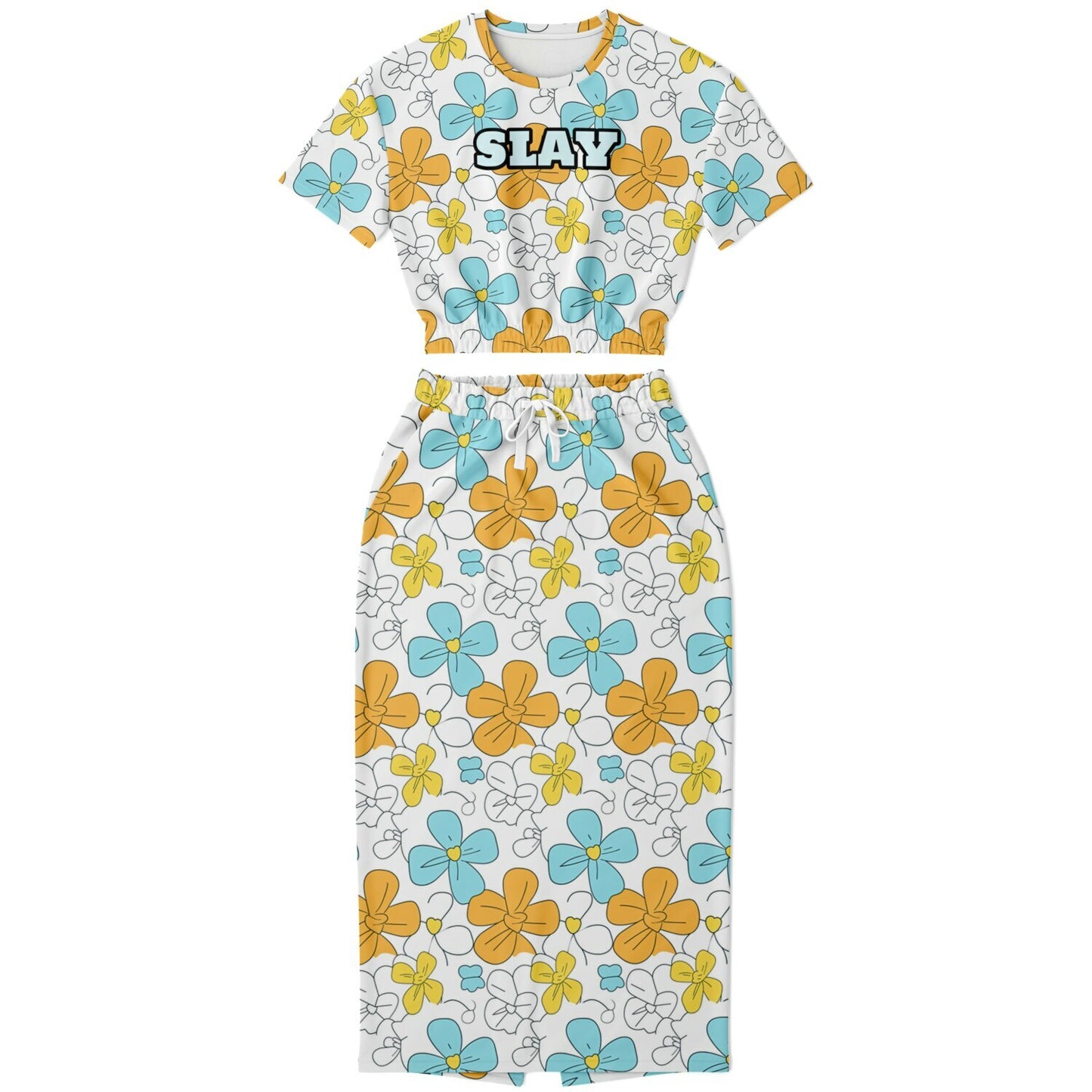 Custom Text Cropped Short Sleeve Sweatshirt and Long Pocket Skirt Set – AOP