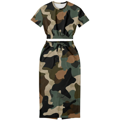 Cropped Short Sleeve Sweatshirt and Long Pocket Skirt Set – AOP