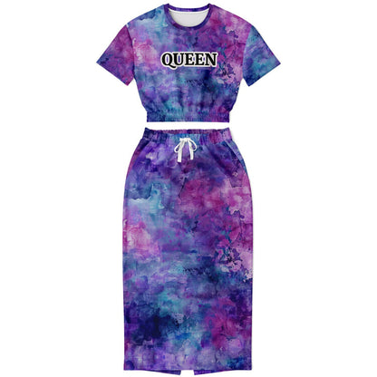 Custom Text Cropped Short Sleeve Sweatshirt and Long Pocket Skirt Set – AOP