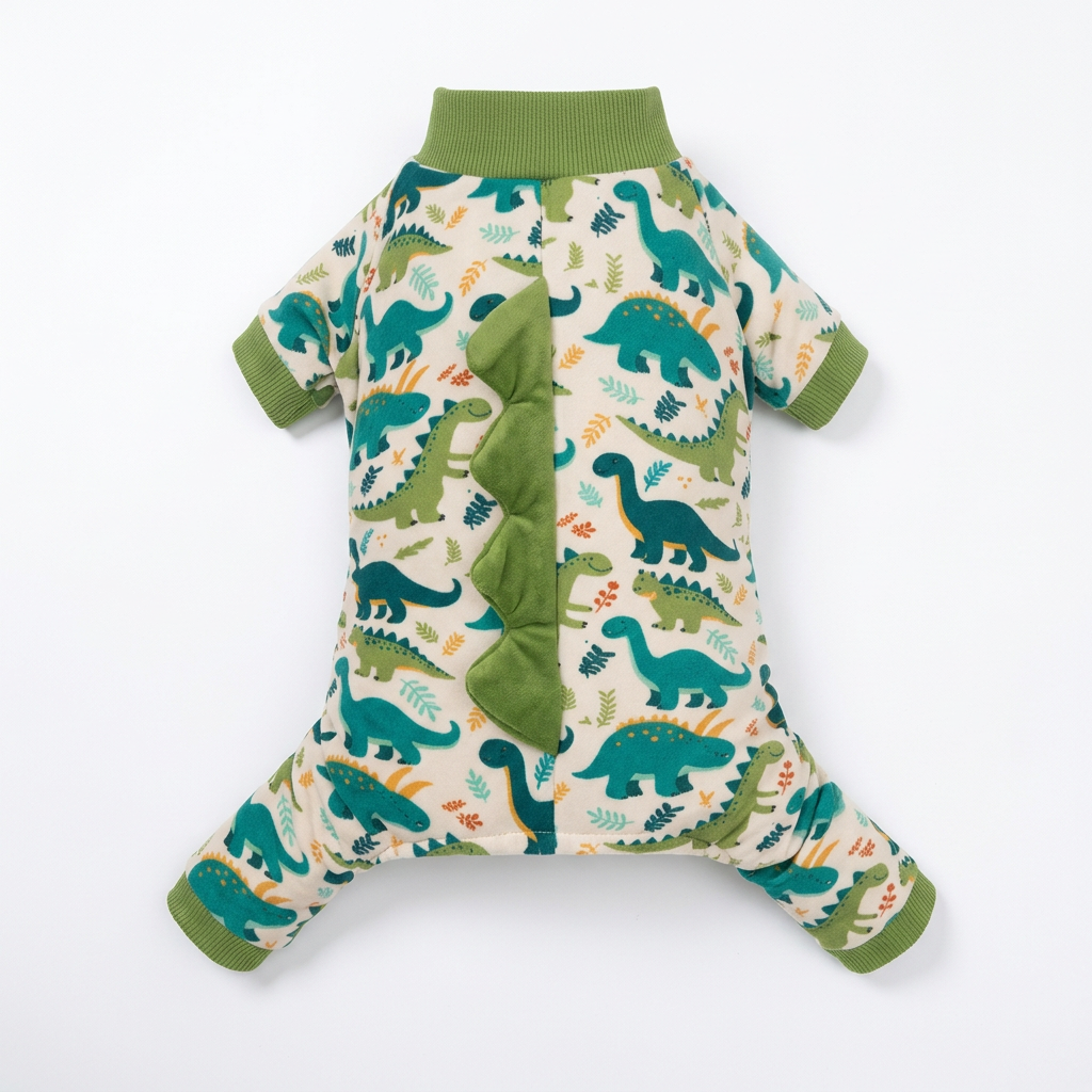 Green dinosaur spike dog pajamas, back view