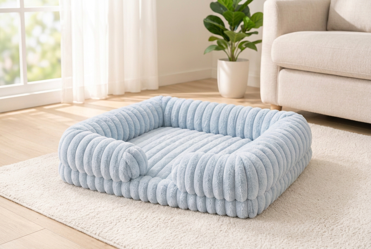 Empty light blue Cozy Comfort Dog Bed with ribbed plush cushion and rounded bolsters on a cream living-room rug.