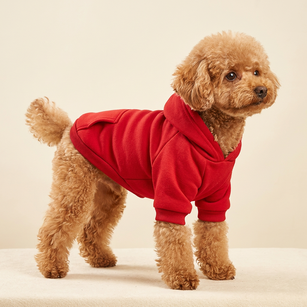 AI-generated toy poodle wearing the red hoodie