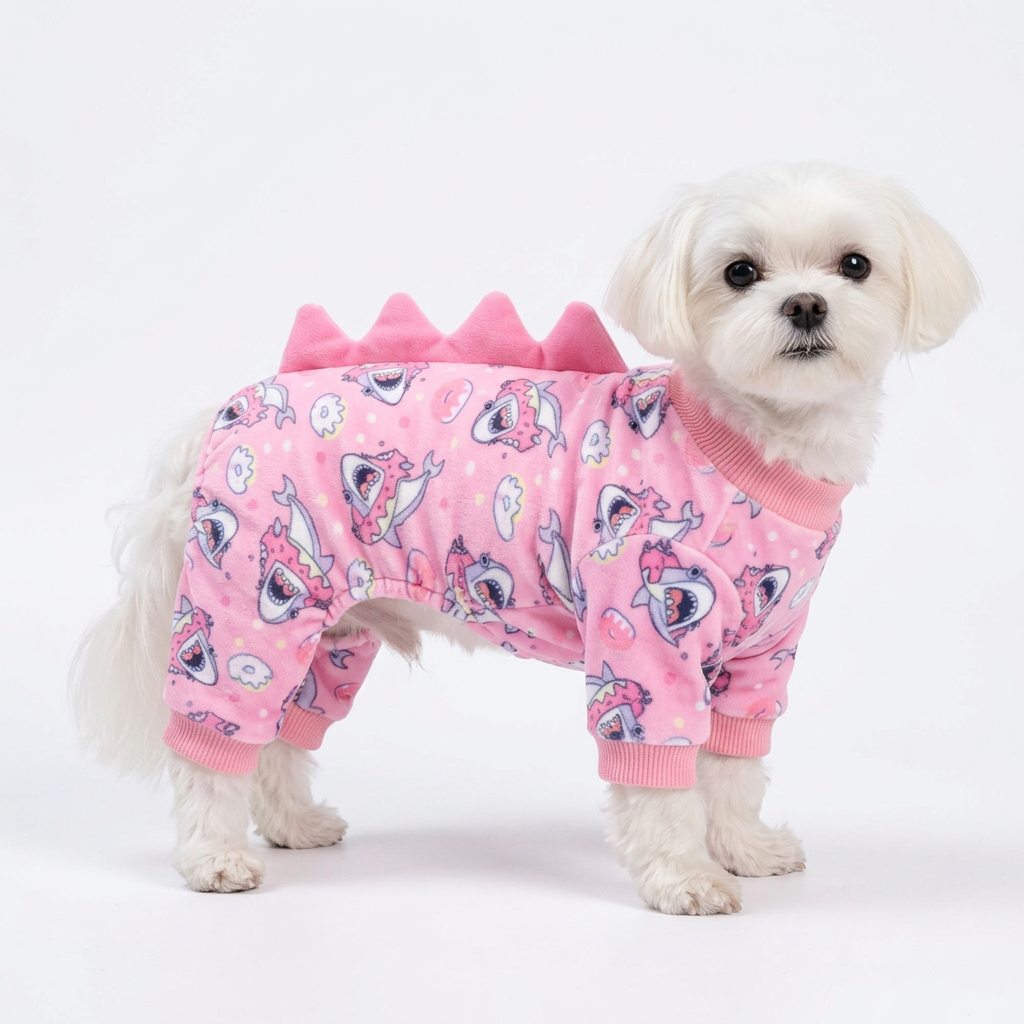 Maltese wearing pink dinosaur spike dog pajamas