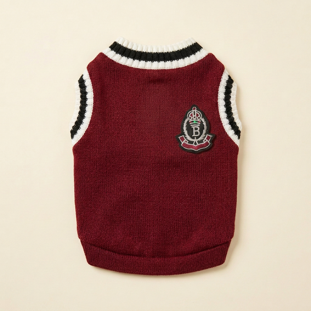 The Preppy Pet Vest in red, back view with off-center crest