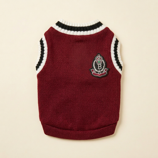 The Preppy Pet Vest in red, back view with off-center crest