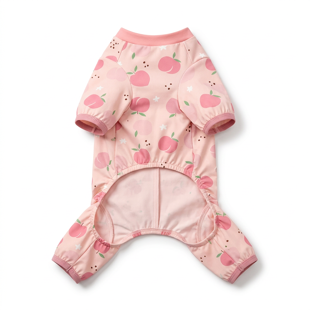 Pink peach-print pet pajamas, front view