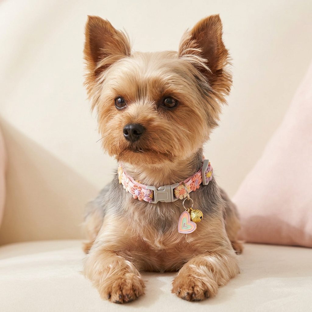 Yorkshire terrier wearing the Blossom floral collar with Heart Charm