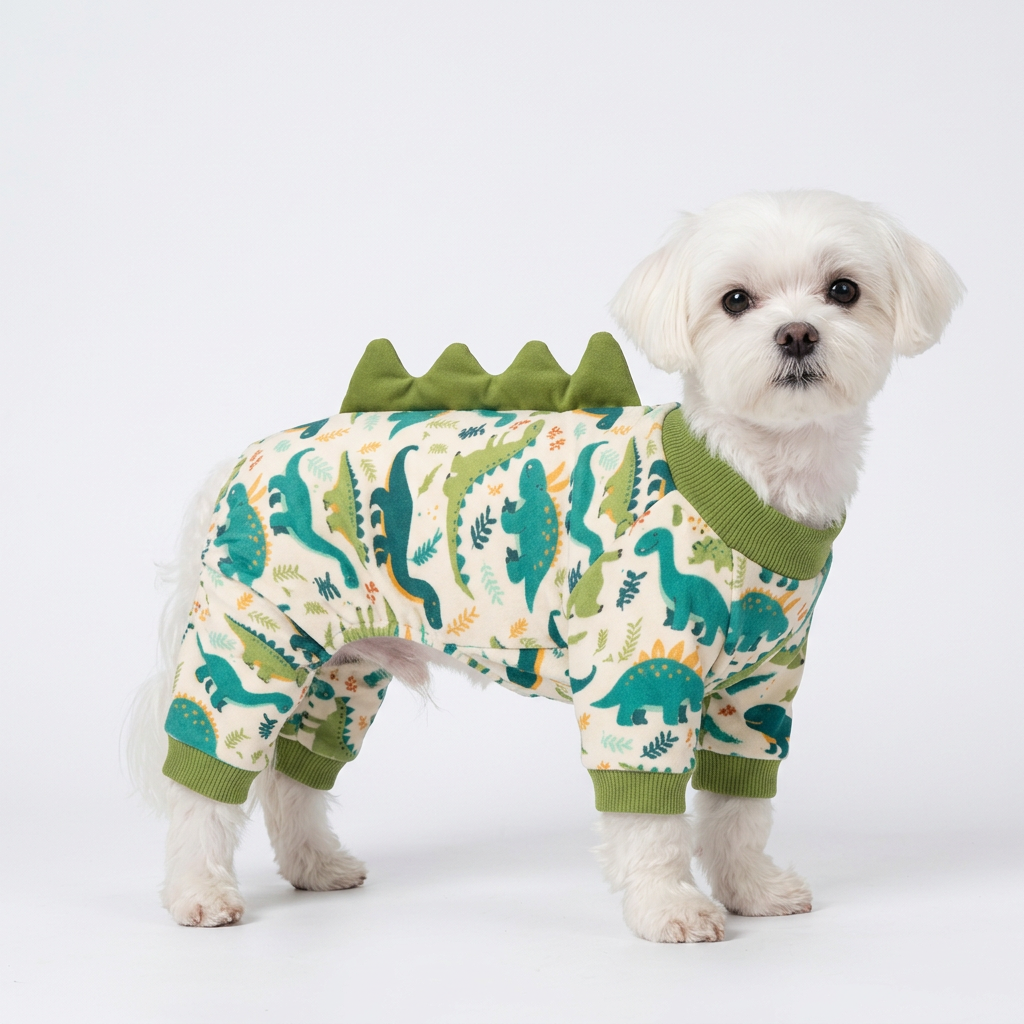 Maltese wearing green dinosaur spike dog pajamas