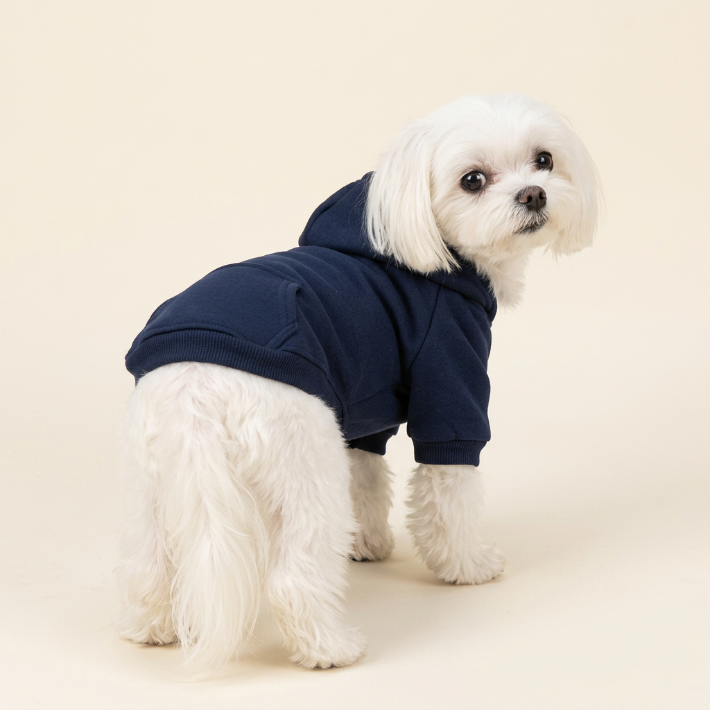 AI-generated Maltese wearing navy blue hoodie