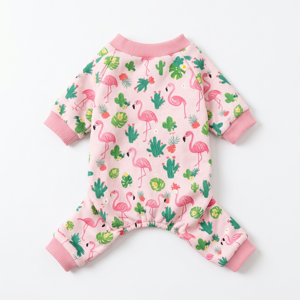 Pink flamingo pet pajamas, AI-generated garment-only back view